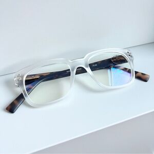 AJ Morgan ASOS clear frame blue light glasses with tortoiseshell temples